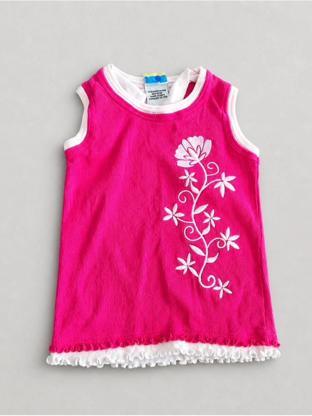 Y2K style Girls' Hot Pink Floral Tank Top with White Trim